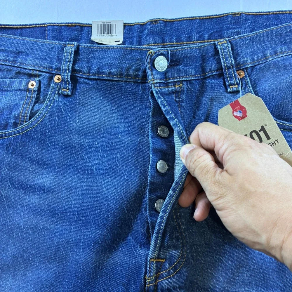 Levis 501 93 Straight Jeans Mens 38x32 Blue Stretch Denim Button Fly New